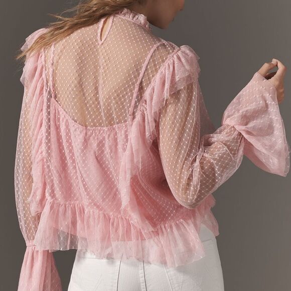 By Anthropologie Sheer Ruffle Blouse in Pink NWOT - Picture 3 of 9